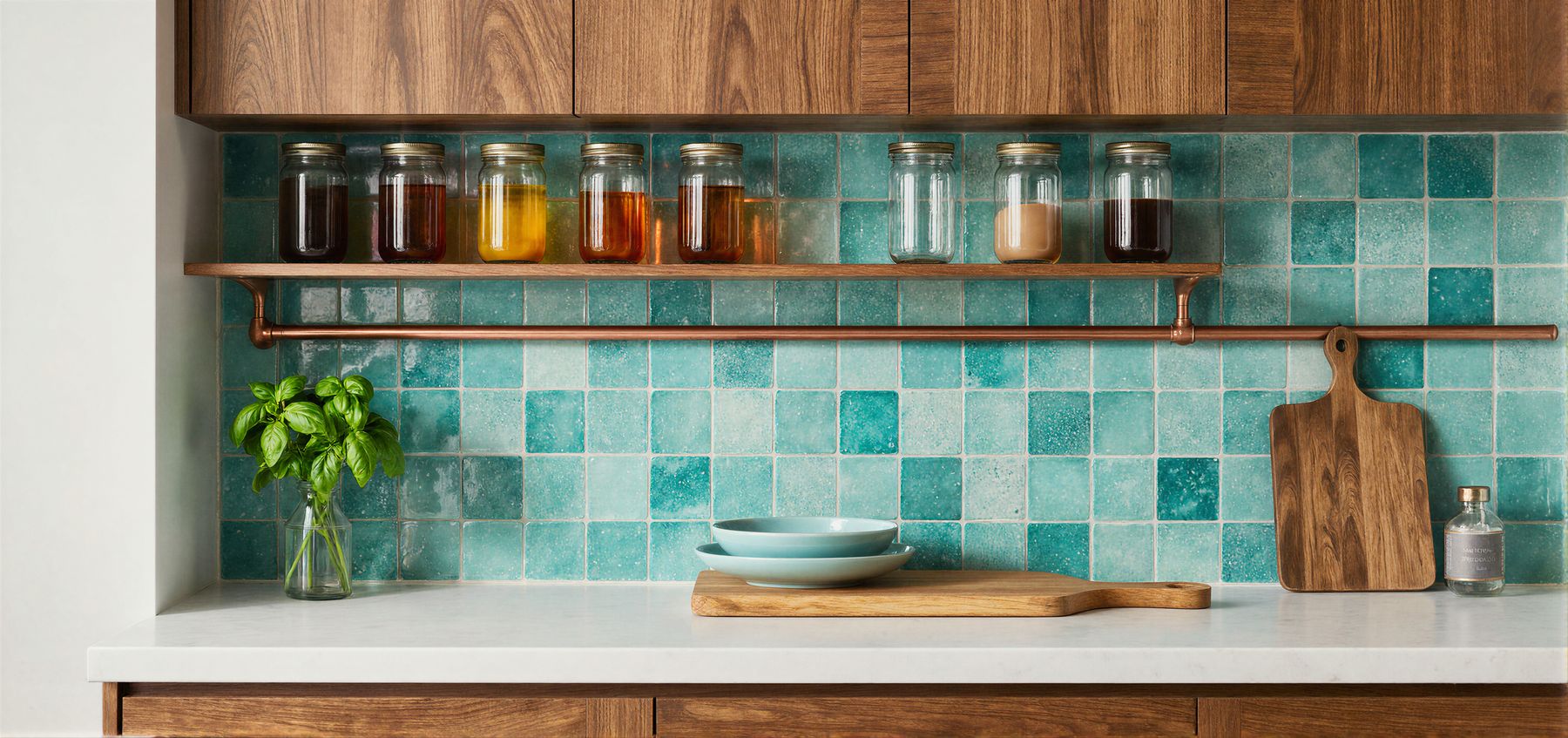 Teal tile kitchen backsplash in Fort Walton Beach, FL
