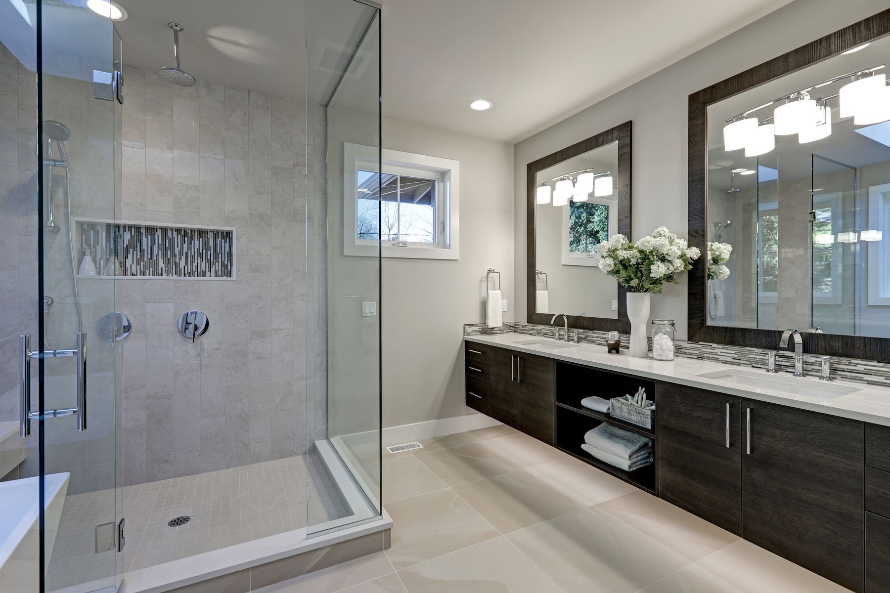 Walk-in shower and dual vanity bathroom remodel