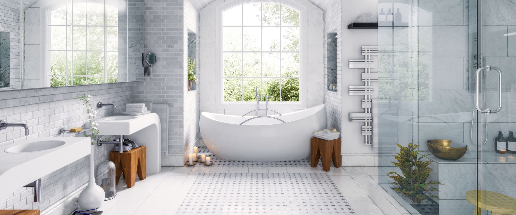 Spa bathroom with freestanding tub and arched window