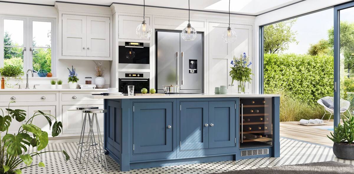 Kitchen cabinetry with blue island in Fort Walton Beach, FL