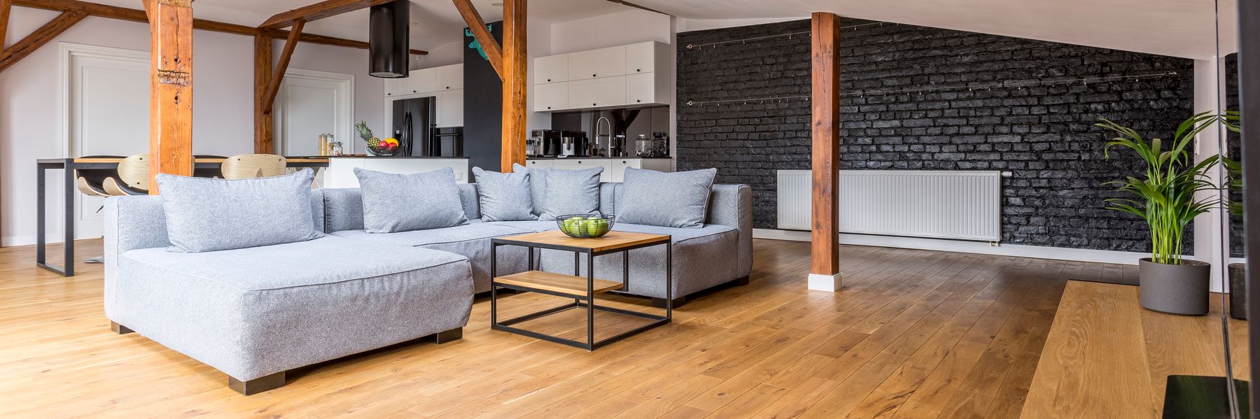 Open-plan hardwood living floor