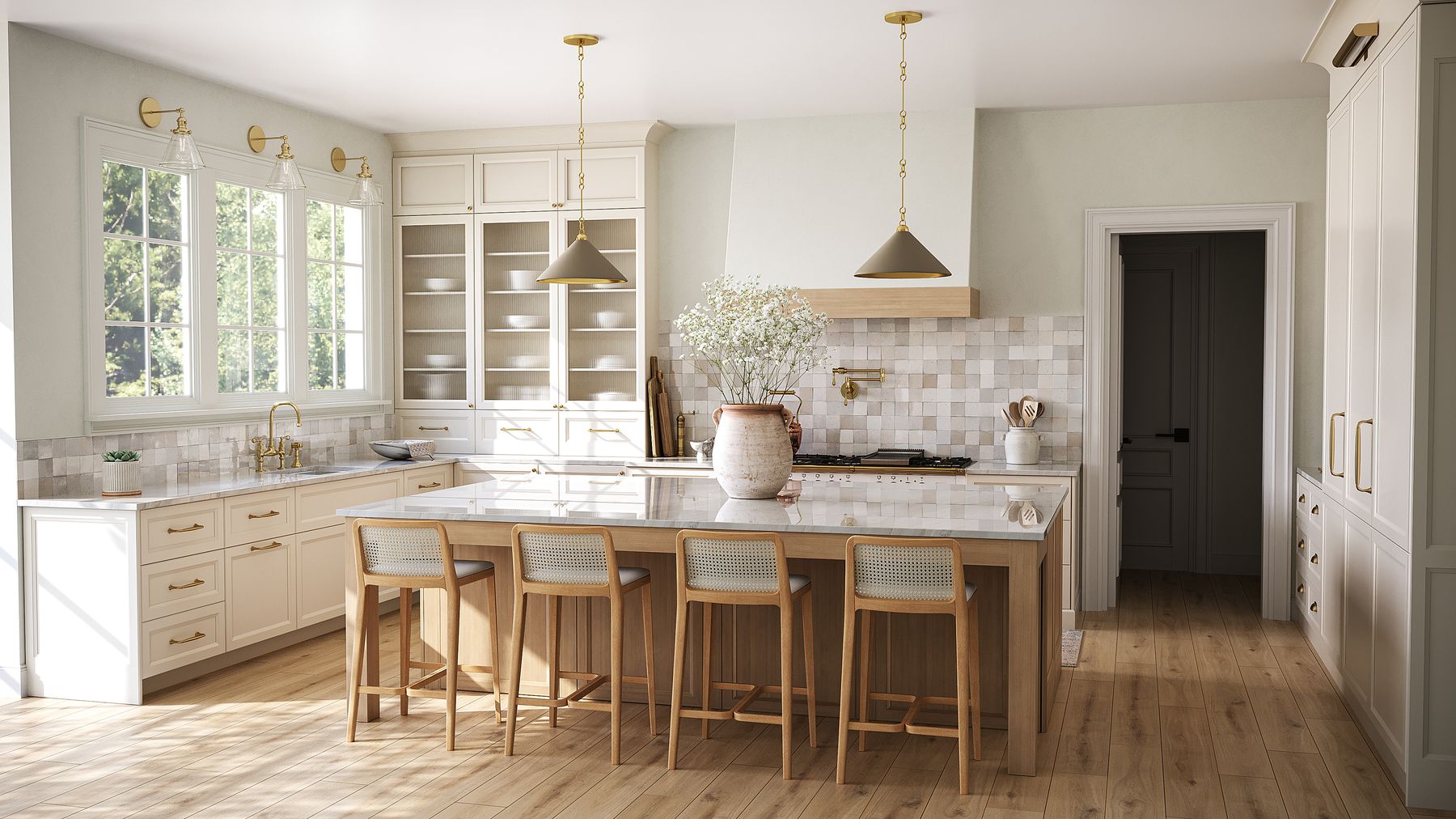 Cream kitchen with wood island remodeled for a Fort Walton Beach home