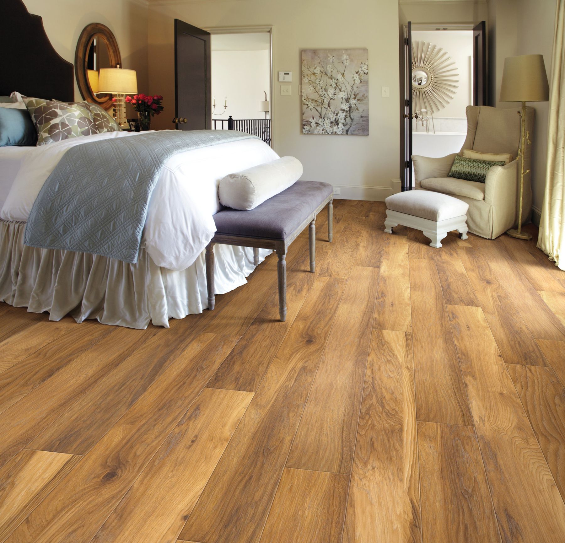 Warm hickory laminate in a bedroom