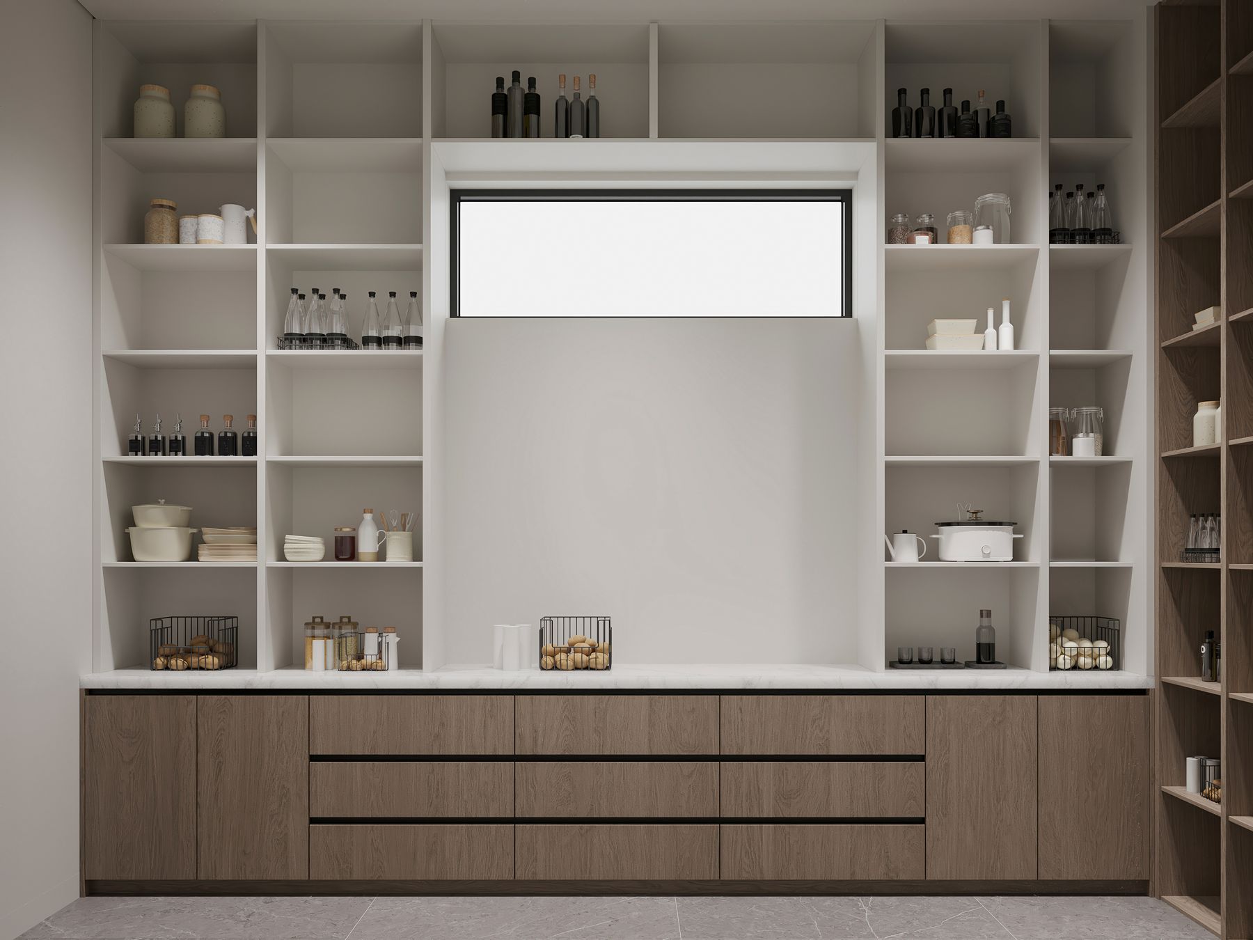 Modern built-in pantry wall with open shelves and wood base cabinets