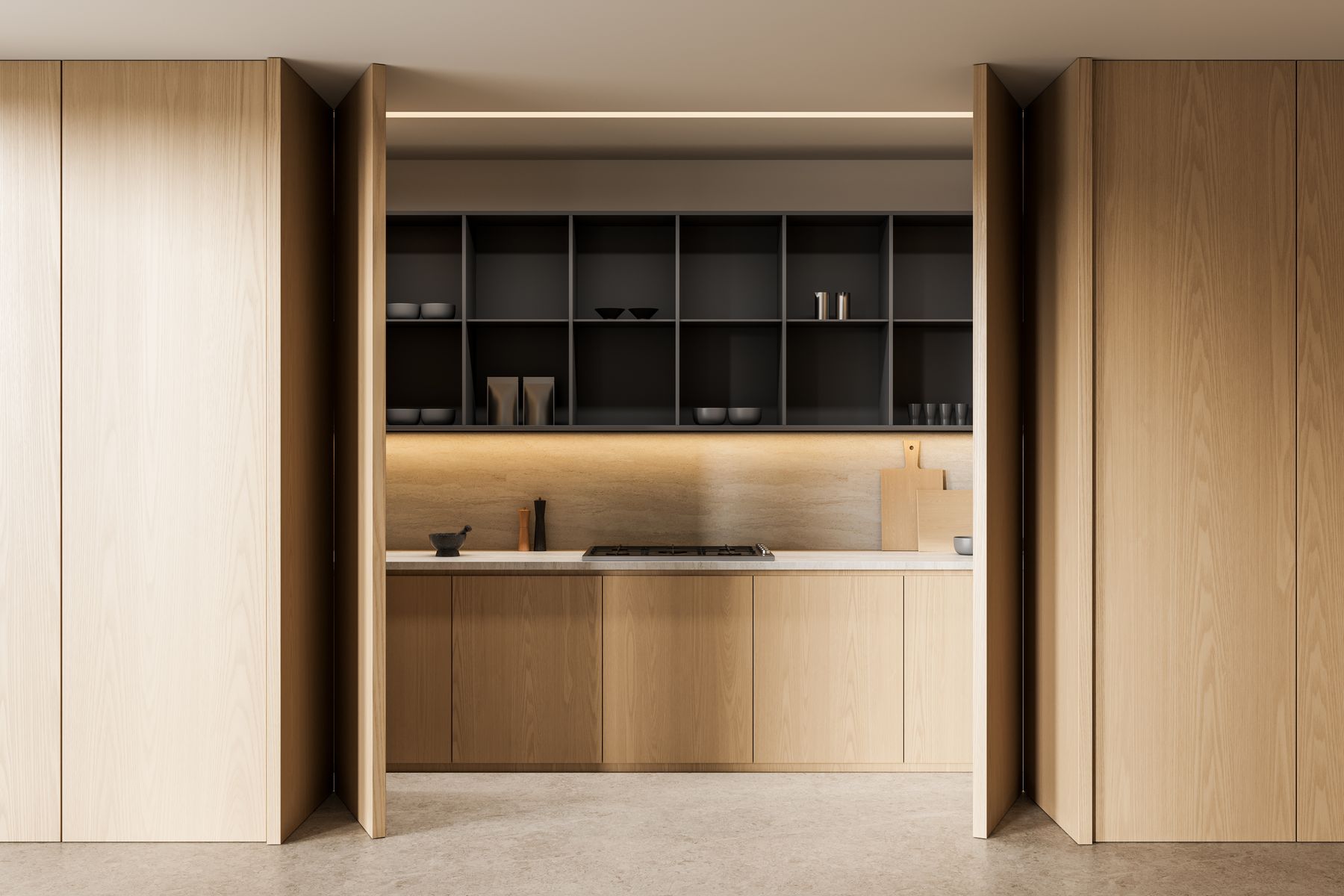 Hidden kitchen scullery behind pocket doors