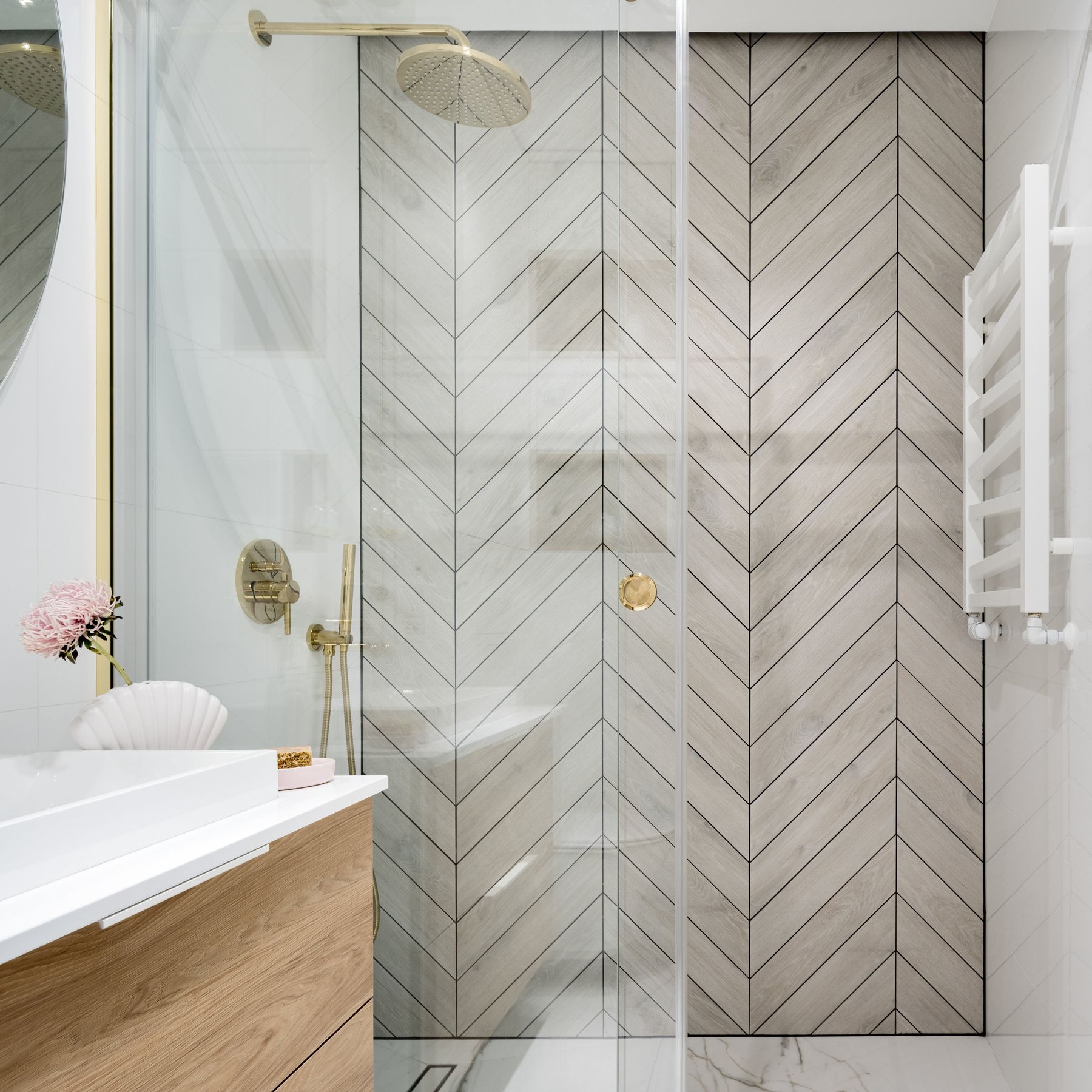 Chevron wood-look tile walk-in shower