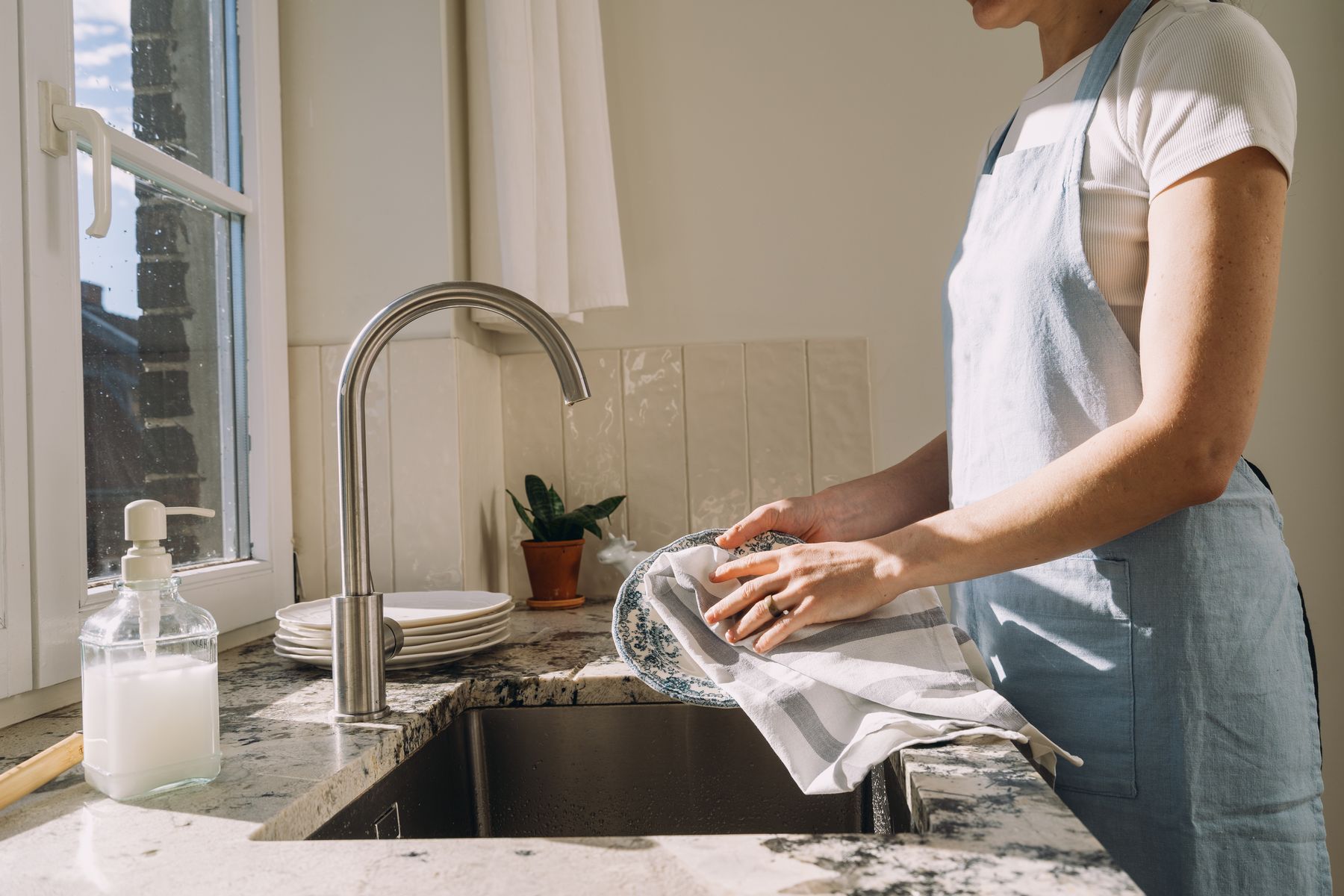 Stone countertop at the sink