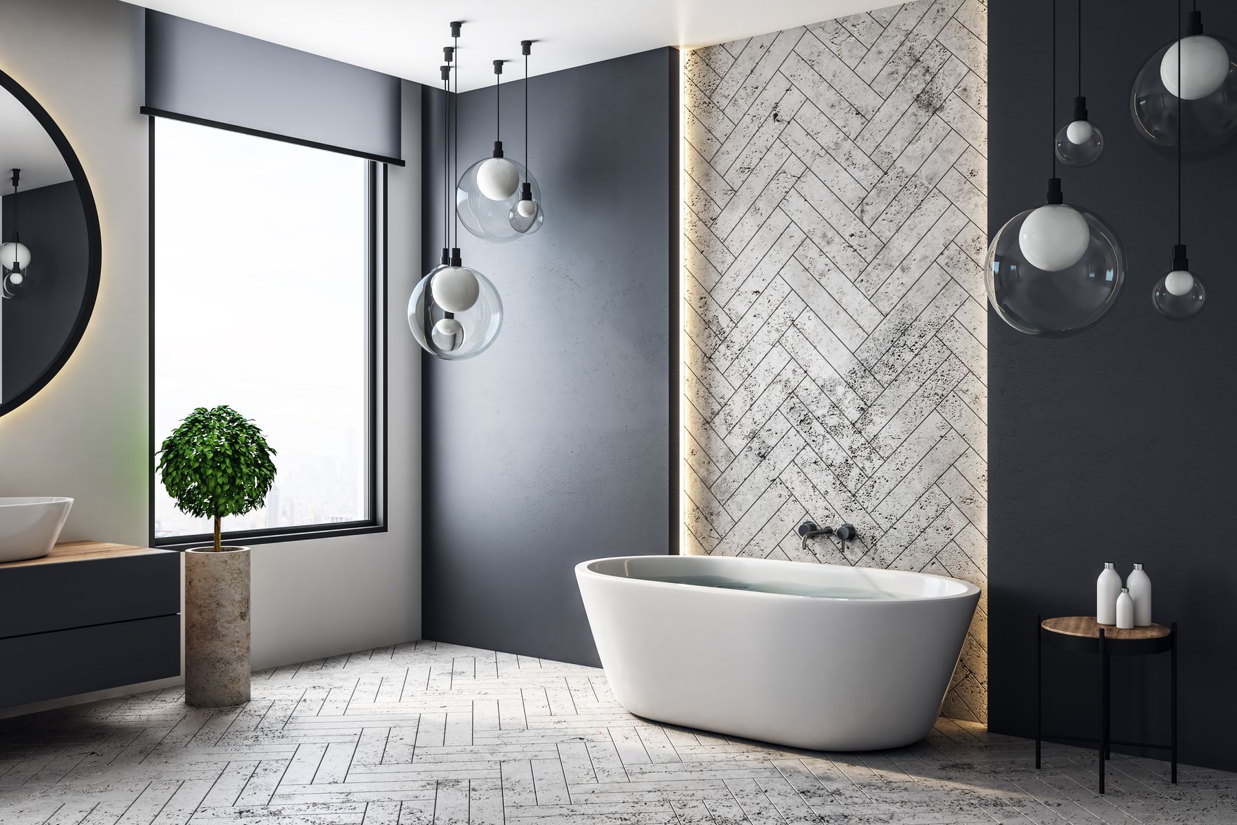 Herringbone tile floor and feature wall